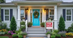 Front view of a charming house with a bright turquoise door, white exterior, black shutters, and a neatly landscaped garden. A 'For Sale' sign is displayed in front of the porch steps, which are decorated with potted plants and outdoor lights.